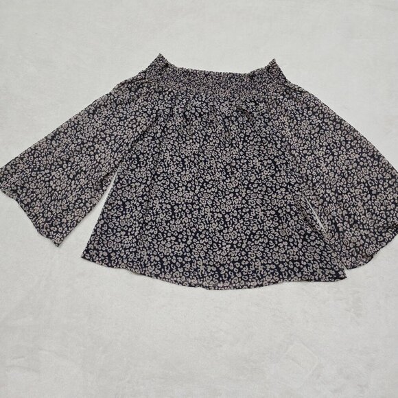 Rebecca Minkoff ✦ Smocked Off-Shoulder Top ✦ Sheer Overlay Floral Navy Tan Sz S - Picture 11 of 16